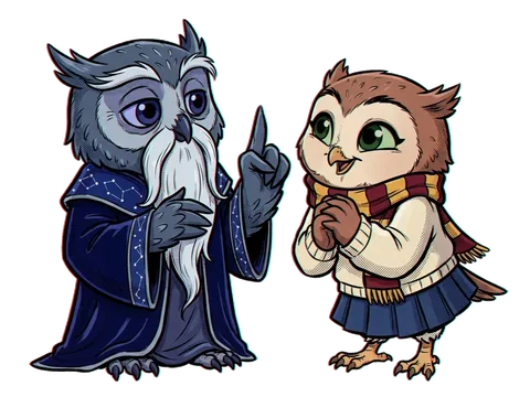 Sage, a wise bearded owl in a starry robe, and Pip, a curious young owl in a school uniform