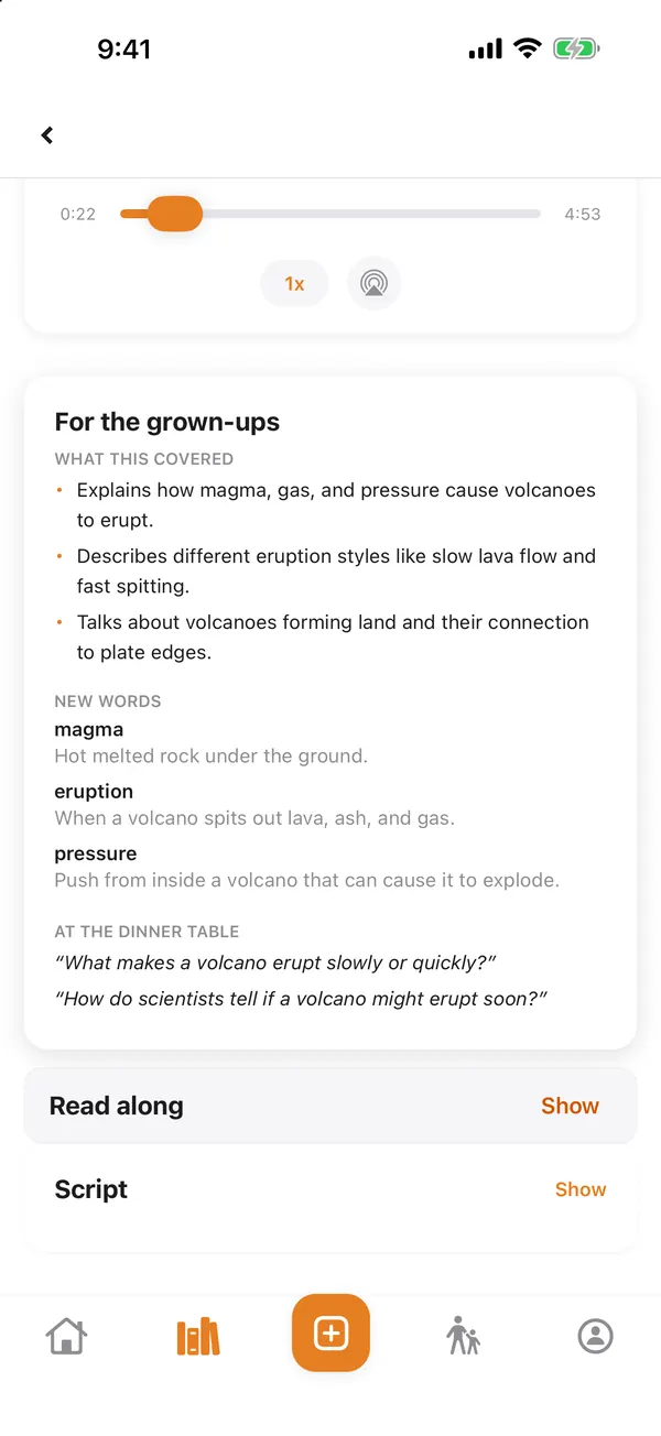 The For the grown-ups card: a summary of the episode, new words and dinner-table questions