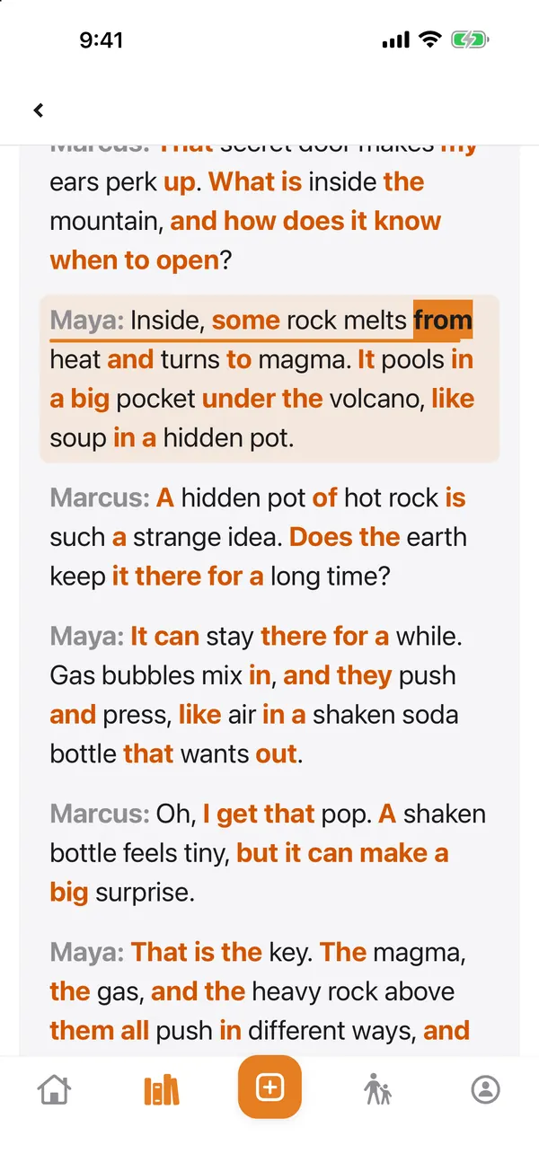 A read-along transcript with Maya and Marcus talking about volcanoes, sight words highlighted in orange